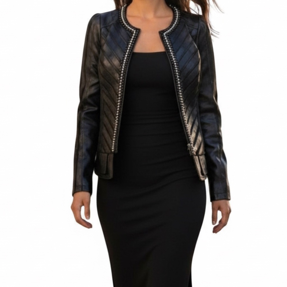 #A298  For Her NYC  BLACK Y2K  Glam Rock vegan Leather Jacket Rhinestones NWT XL